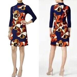 NEW ECI‎ Mock Neck Knit Dress Size Large Navy Floral Print 70s Mod Art Retro